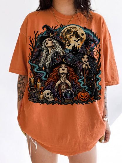 Three Witches Under the Moon Halloween T-Shirt, Three Wolf Moon Parody, Y2K Retro Witchy Outfit, Trendy Streetwear Graphic Tee