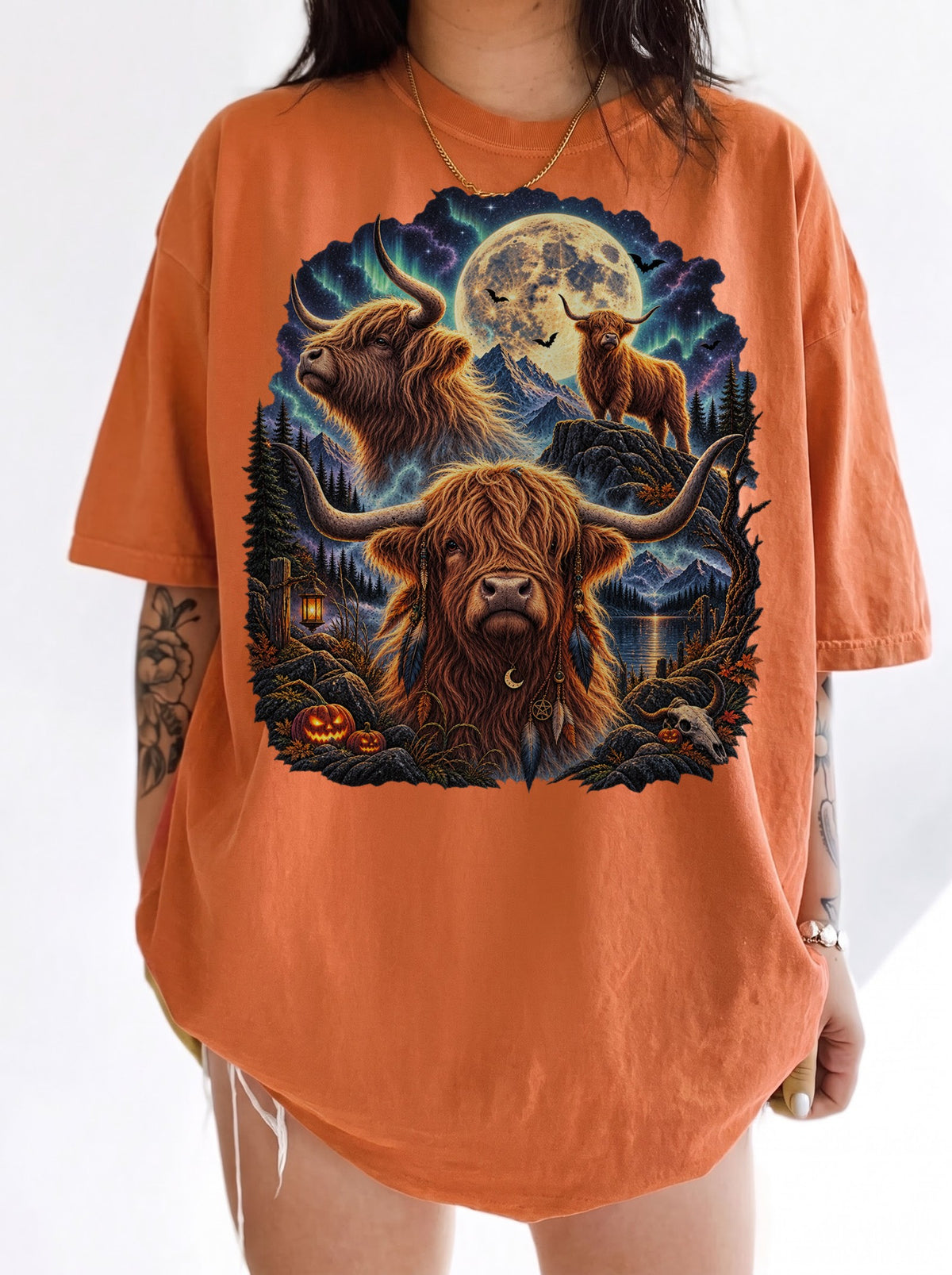 Mystical Highland Cattle Moon Halloween T-Shirt, Y2K Retro Animal Graphic Tee, 90s Gothic Streetwear, To The Moon