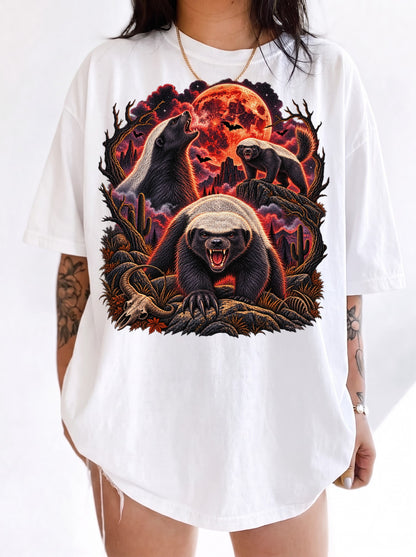 Blood Moon Honey Badger Trio Halloween T-Shirt, Y2K Retro Animal Graphic Tee, 90s Spooky Streetwear, To The Moon