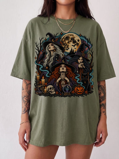 Three Witches Under the Moon Halloween T-Shirt, Three Wolf Moon Parody, Y2K Retro Witchy Outfit, Trendy Streetwear Graphic Tee