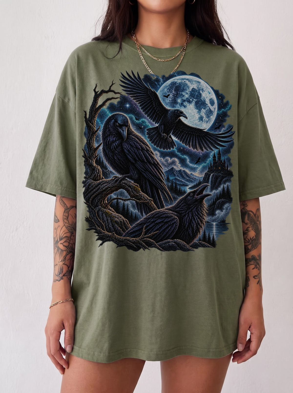 Moonlit Ravens Gothic Valley Halloween T-Shirt, Y2K Dark Graphic Tee, 90s Retro Gothic Streetwear, To The Moon