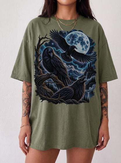Moonlit Ravens Gothic Valley Halloween T-Shirt, Y2K Dark Graphic Tee, 90s Retro Gothic Streetwear, To The Moon