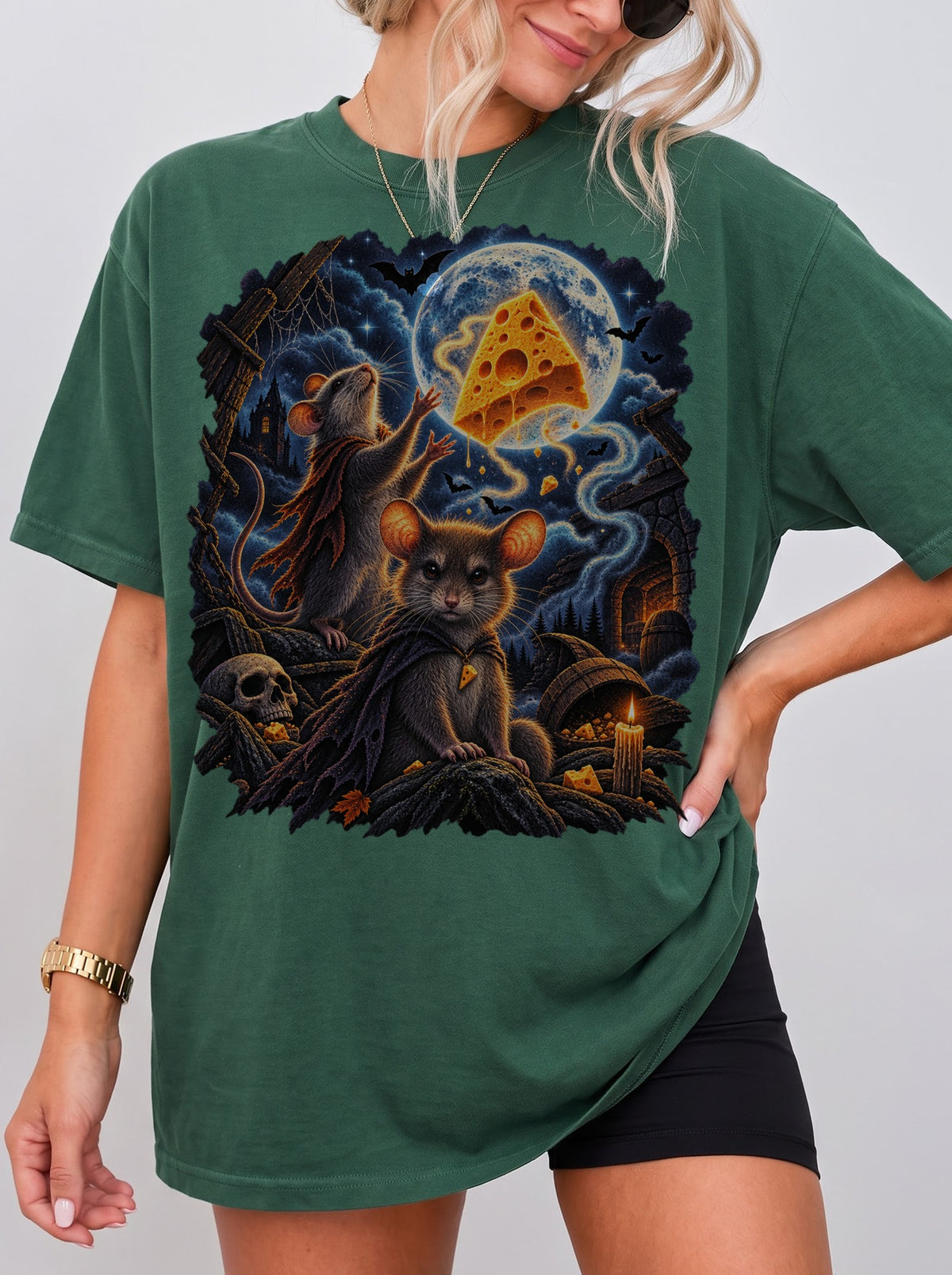 Moonlit Mice Haunted Cheese Halloween T-Shirt, Y2K Retro Funny Graphic Tee, 90s Animal Streetwear, To The Moon