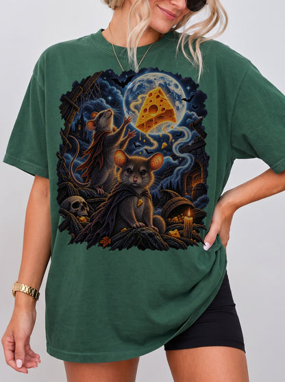 Moonlit Mice Haunted Cheese Halloween T-Shirt, Y2K Retro Funny Graphic Tee, 90s Animal Streetwear, To The Moon