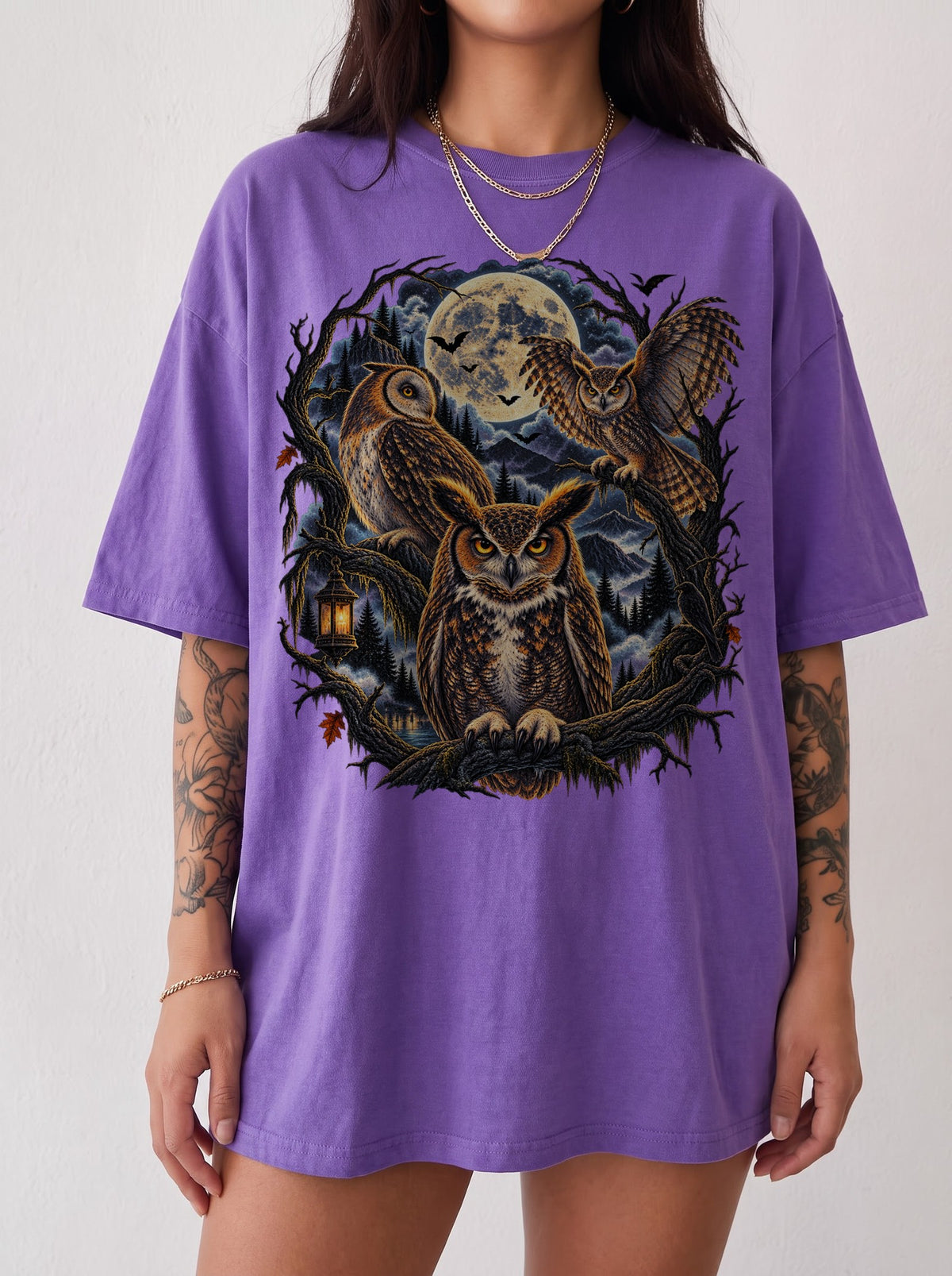 Gothic Moonlit Owl Trio Halloween T-Shirt, Y2K Witchy Graphic Tee, 90s Retro Gothic Streetwear, To The Moon