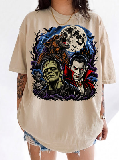 Classic Monsters Trio Moon Halloween T-Shirt, Three Wolf Moon Parody, Y2K Retro Horror Outfit, Trendy Streetwear Graphic Tee