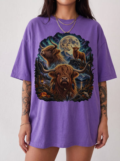 Mystical Highland Cattle Moon Halloween T-Shirt, Y2K Retro Animal Graphic Tee, 90s Gothic Streetwear, To The Moon