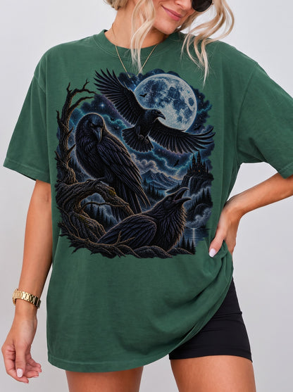 Moonlit Ravens Gothic Valley Halloween T-Shirt, Y2K Dark Graphic Tee, 90s Retro Gothic Streetwear, To The Moon