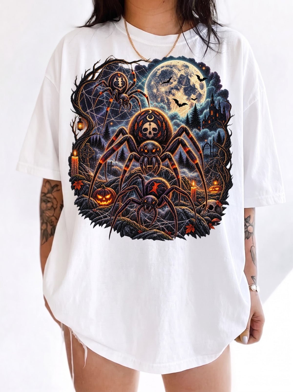 Moonlit Spider Graveyard Halloween T-Shirt, Y2K Gothic Horror Graphic Tee, 90s Retro Streetwear, To The Moon