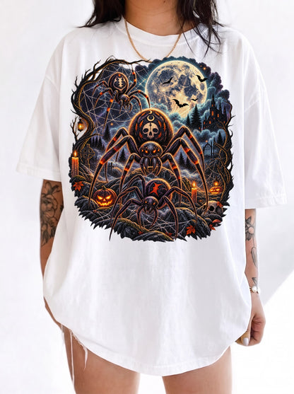 Moonlit Spider Graveyard Halloween T-Shirt, Y2K Gothic Horror Graphic Tee, 90s Retro Streetwear, To The Moon