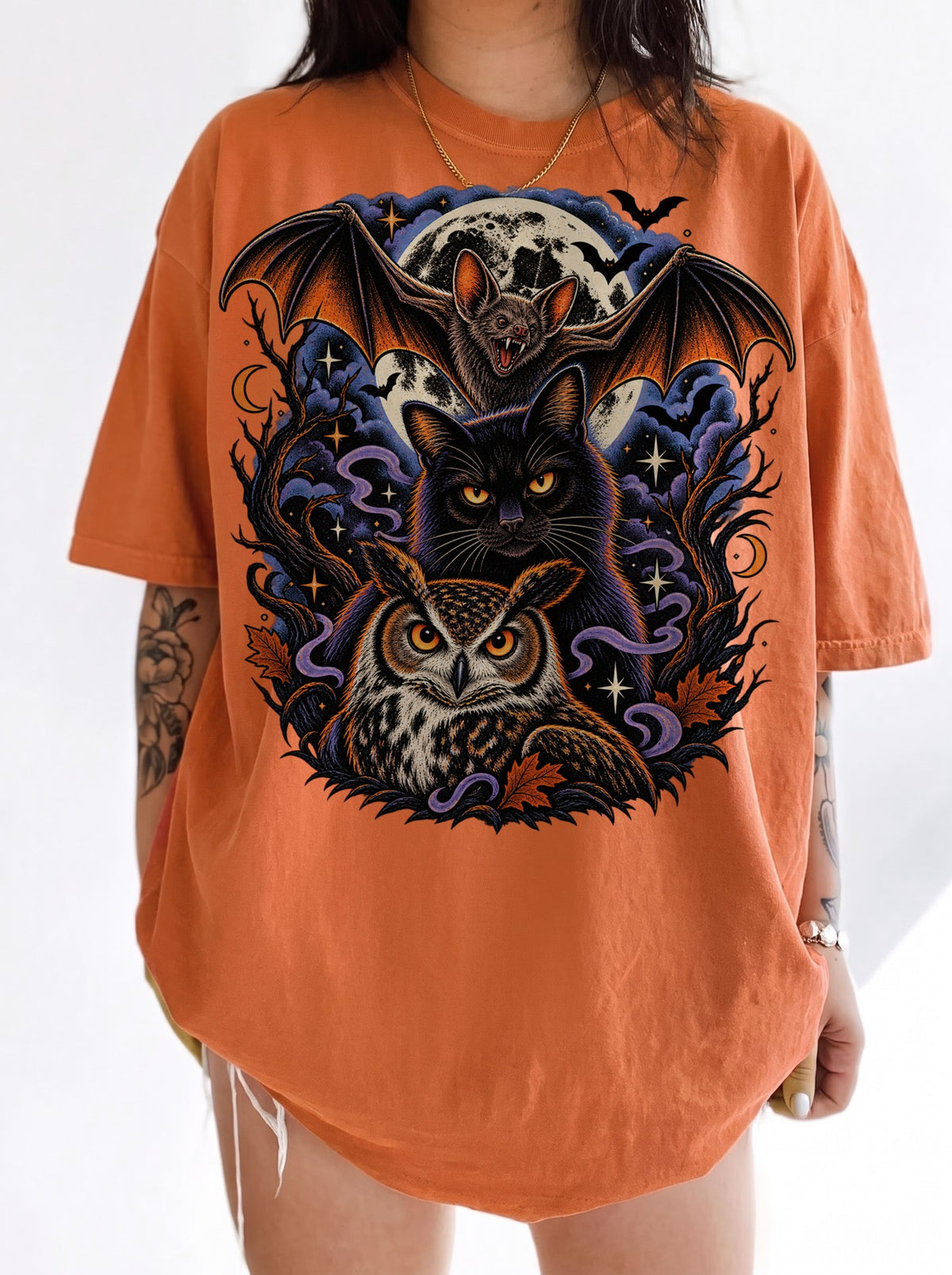 Vampire Bat Black Cat Owl Moon Halloween T-Shirt, Three Wolf Moon Parody, Y2K Retro Gothic Outfit, Trendy Streetwear Graphic Tee