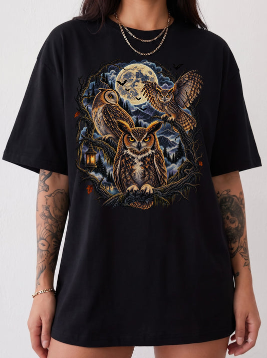 Gothic Moonlit Owl Trio Halloween T-Shirt, Y2K Witchy Graphic Tee, 90s Retro Gothic Streetwear, To The Moon