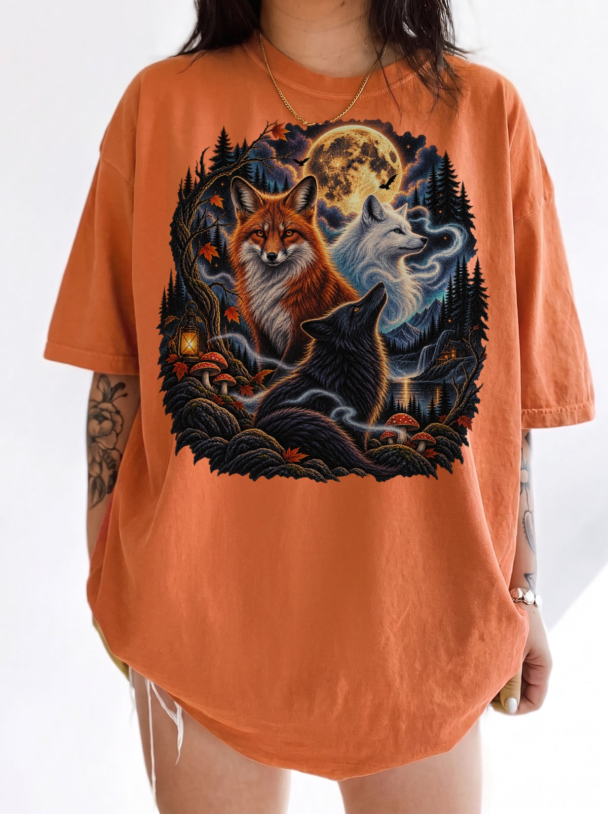 Moonlit Foxes Enchanted Forest Halloween T-Shirt, Y2K Retro Animal Graphic Tee, 90s Gothic Streetwear, To The Moon