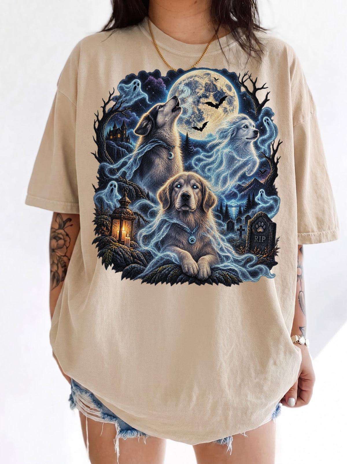 Three Ghost Dogs Haunted Moon Halloween T-Shirt, Y2K Retro Graphic Tee, 90s Spooky Streetwear, To The Moon