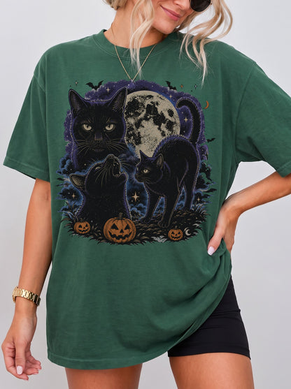3 Black Cats Jack-o’-Lantern Moon Halloween T-Shirt, Three Wolf Moon Parody, Y2K Retro Outfit, Trendy Streetwear Graphic Tee