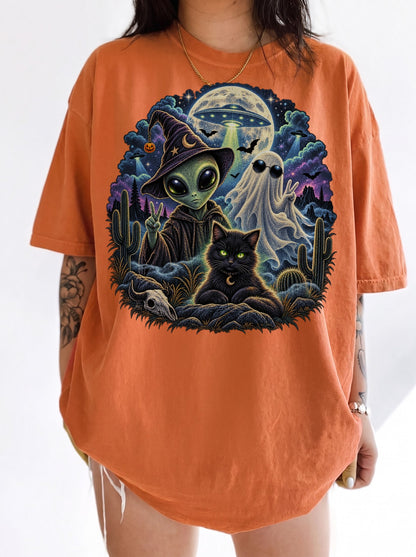 Cosmic Halloween Nightscape T-Shirt, Y2K Retro Graphic Tee, 90s Spooky Aesthetic, To The Moon