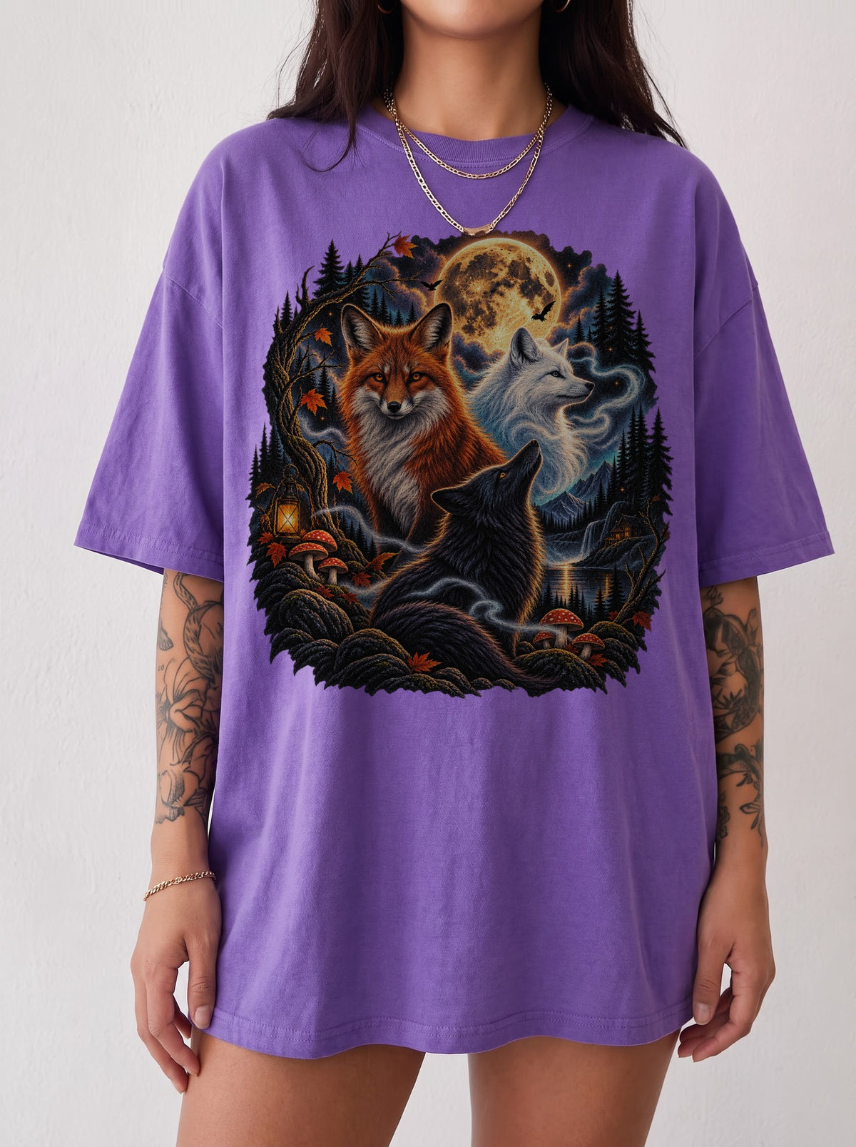 Moonlit Foxes Enchanted Forest Halloween T-Shirt, Y2K Retro Animal Graphic Tee, 90s Gothic Streetwear, To The Moon