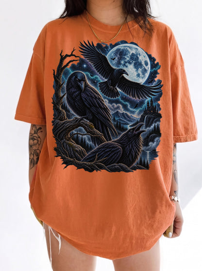 Moonlit Ravens Gothic Valley Halloween T-Shirt, Y2K Dark Graphic Tee, 90s Retro Gothic Streetwear, To The Moon