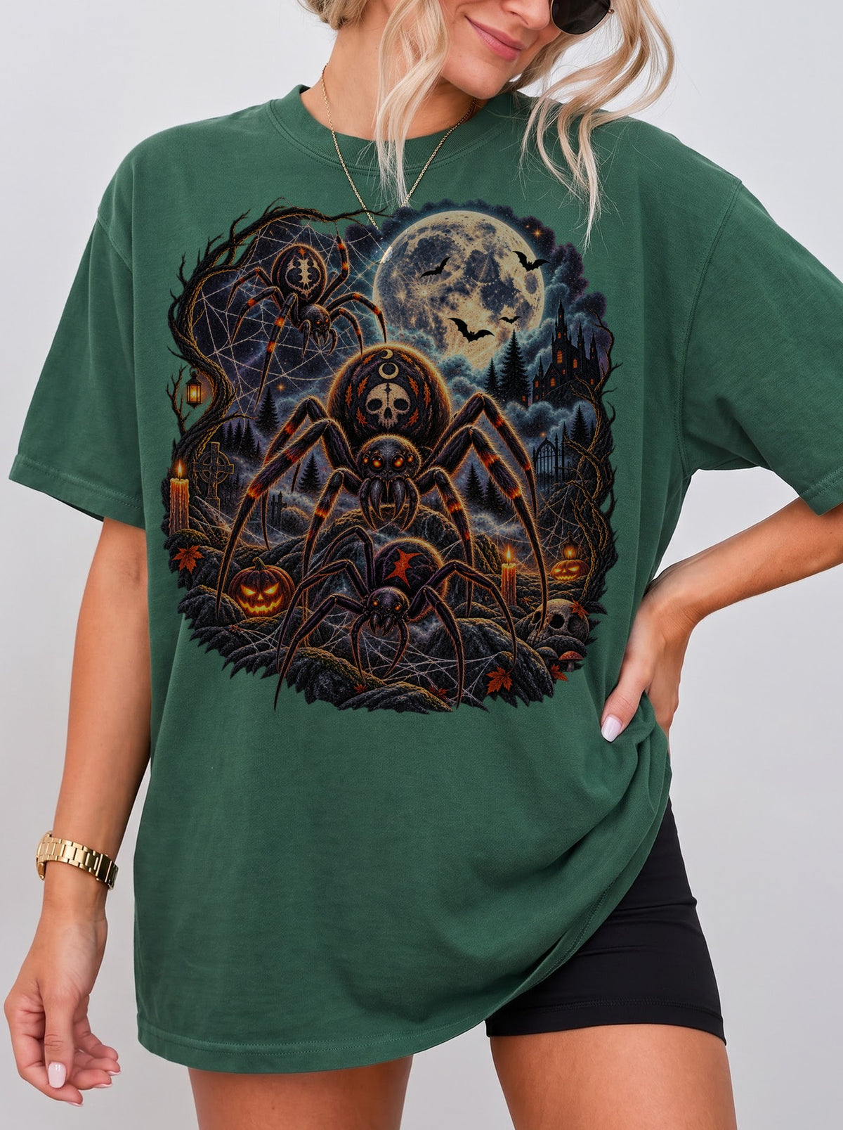 Moonlit Spider Graveyard Halloween T-Shirt, Y2K Gothic Horror Graphic Tee, 90s Retro Streetwear, To The Moon