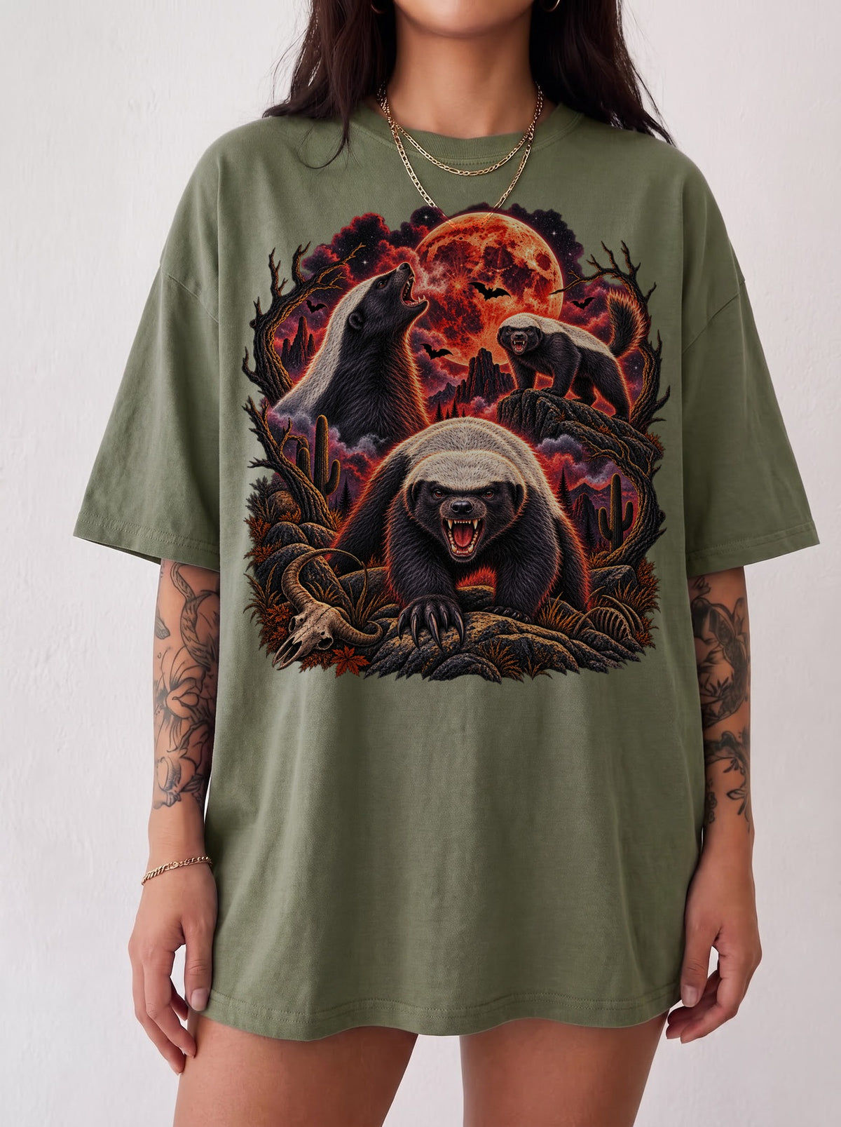 Blood Moon Honey Badger Trio Halloween T-Shirt, Y2K Retro Animal Graphic Tee, 90s Spooky Streetwear, To The Moon