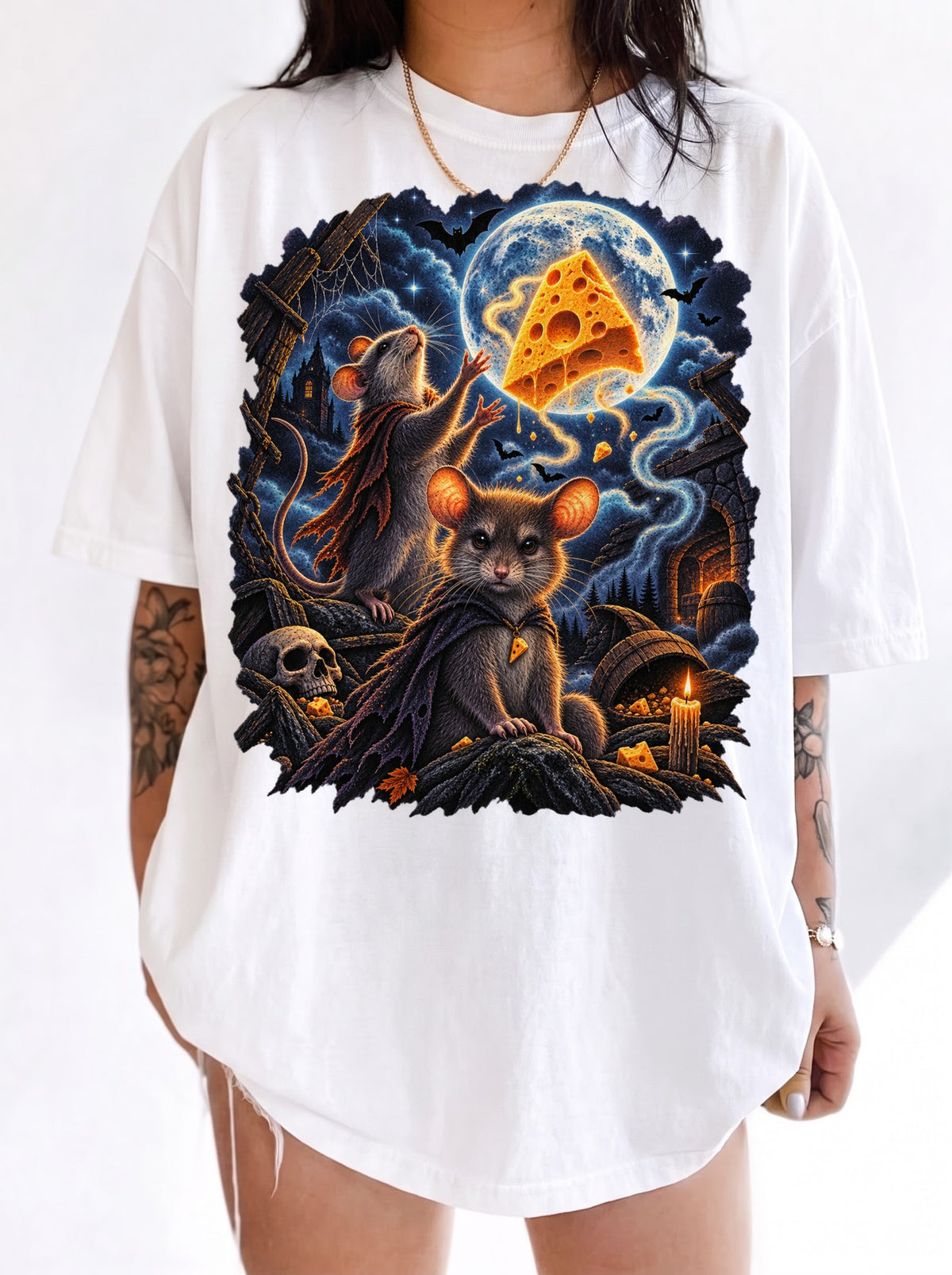 Moonlit Mice Haunted Cheese Halloween T-Shirt, Y2K Retro Funny Graphic Tee, 90s Animal Streetwear, To The Moon