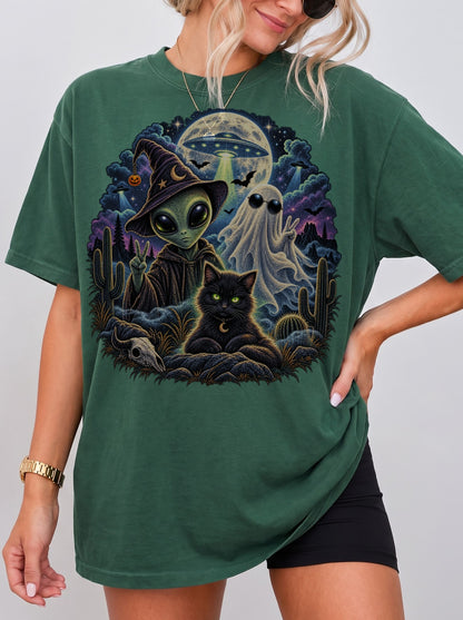 Cosmic Halloween Nightscape T-Shirt, Y2K Retro Graphic Tee, 90s Spooky Aesthetic, To The Moon