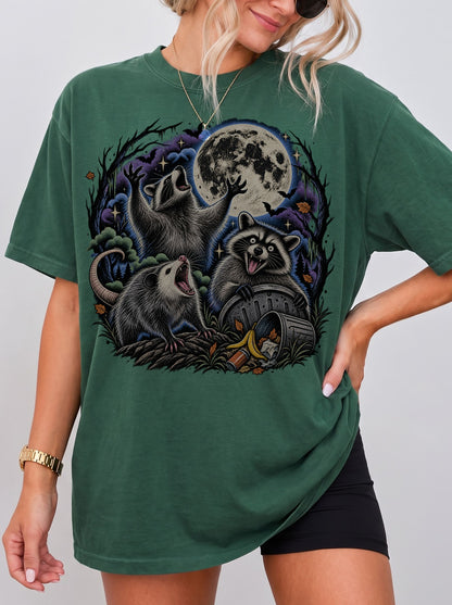 Raccoons Under the Moon Retro Halloween T-Shirt, Three Wolf Moon Parody, Y2K Vintage Outfit Aesthetic, Trendy Streetwear Graphic Tee