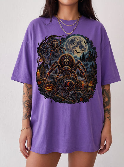 Moonlit Spider Graveyard Halloween T-Shirt, Y2K Gothic Horror Graphic Tee, 90s Retro Streetwear, To The Moon
