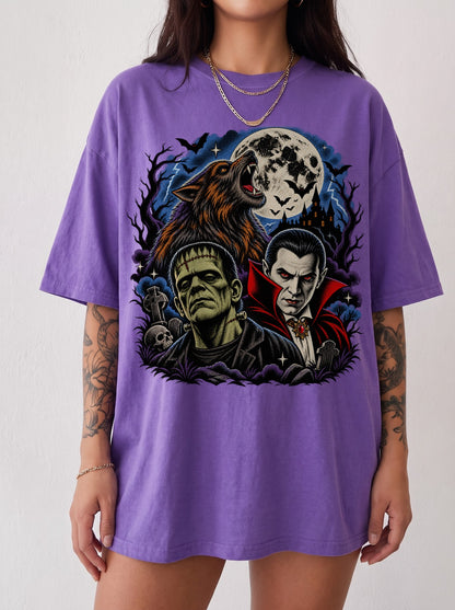 Classic Monsters Trio Moon Halloween T-Shirt, Three Wolf Moon Parody, Y2K Retro Horror Outfit, Trendy Streetwear Graphic Tee