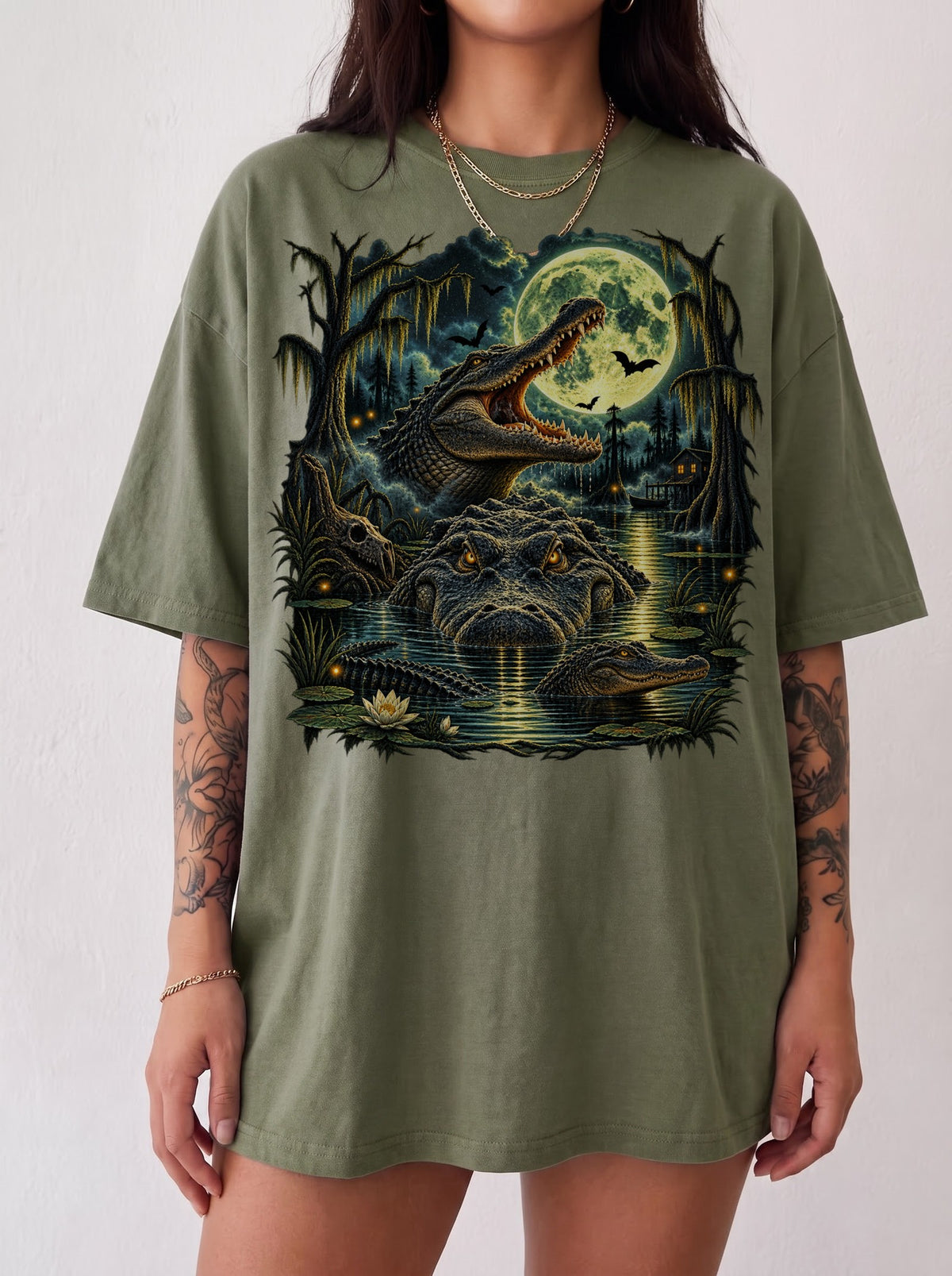 Moonlit Alligator Swamp Horror Halloween T-Shirt, Y2K Retro Graphic Tee, 90s Horror Streetwear, To The Moon