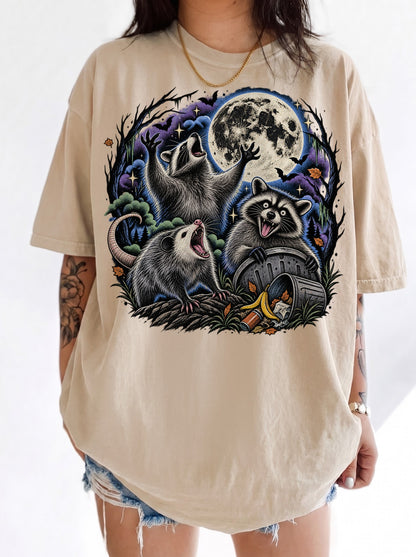 Raccoons Under the Moon Retro Halloween T-Shirt, Three Wolf Moon Parody, Y2K Vintage Outfit Aesthetic, Trendy Streetwear Graphic Tee