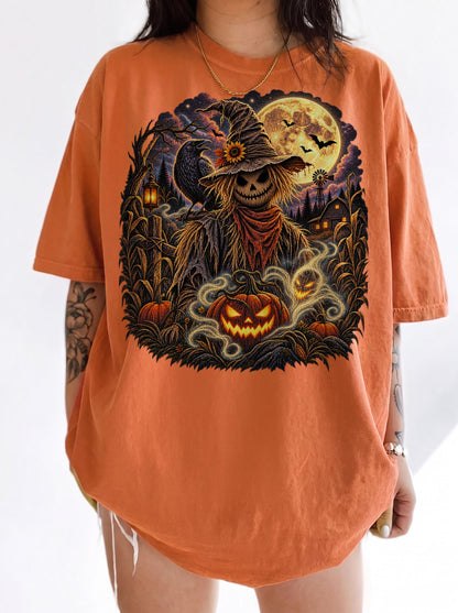 Moonlit Scarecrow Haunted Halloween T-Shirt, Y2K Retro Horror Graphic Tee, 90s Gothic Streetwear, To The Moon