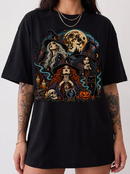 Three Witches Under the Moon Halloween T-Shirt, Three Wolf Moon Parody, Y2K Retro Witchy Outfit, Trendy Streetwear Graphic Tee