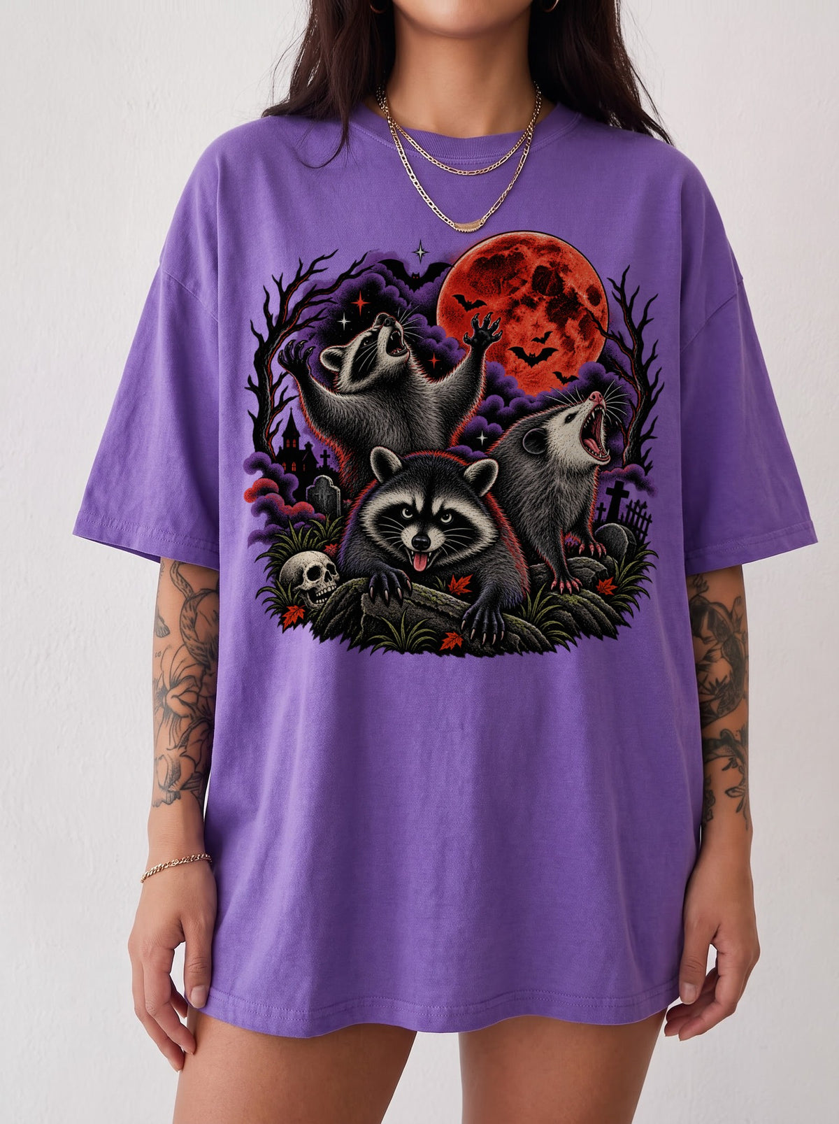 Three Raccoons Blood Moon Halloween T-Shirt, Three Wolf Moon Parody, Y2K Retro Outfit Aesthetic, Trendy Streetwear Graphic Tee