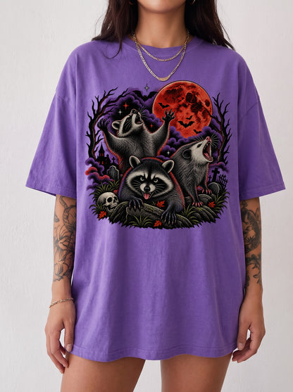 Three Raccoons Blood Moon Halloween T-Shirt, Three Wolf Moon Parody, Y2K Retro Outfit Aesthetic, Trendy Streetwear Graphic Tee