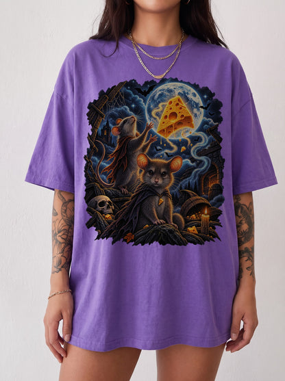 Moonlit Mice Haunted Cheese Halloween T-Shirt, Y2K Retro Funny Graphic Tee, 90s Animal Streetwear, To The Moon