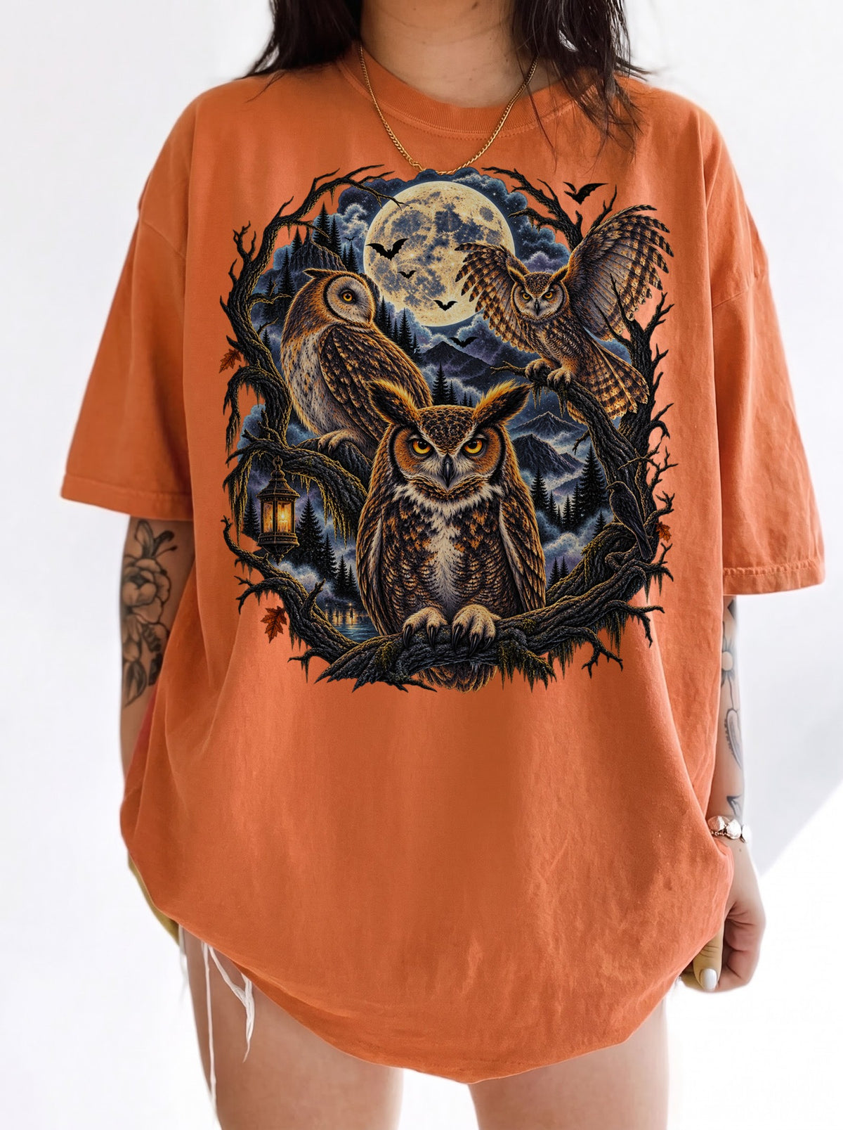 Gothic Moonlit Owl Trio Halloween T-Shirt, Y2K Witchy Graphic Tee, 90s Retro Gothic Streetwear, To The Moon