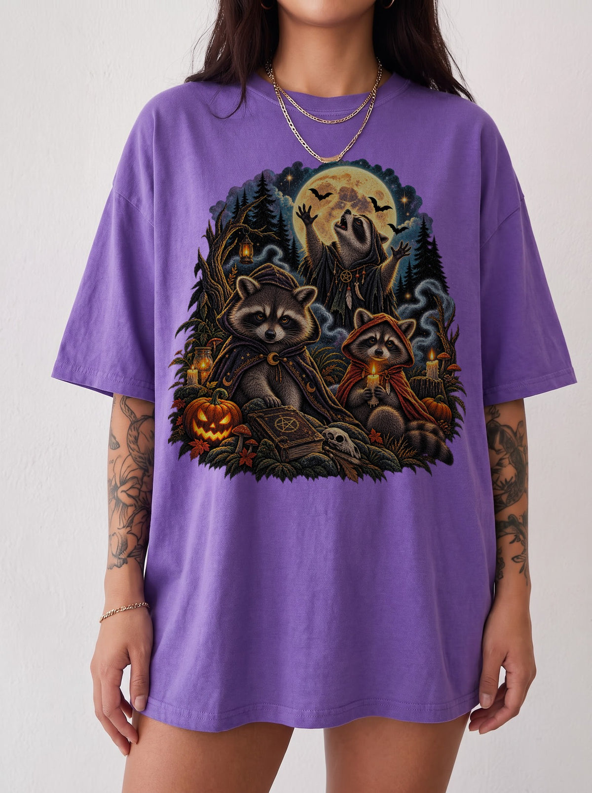 Moonlit Raccoon Ritual Halloween T-Shirt, Y2K Retro Graphic Tee, 90s Gothic Streetwear, To The Moon
