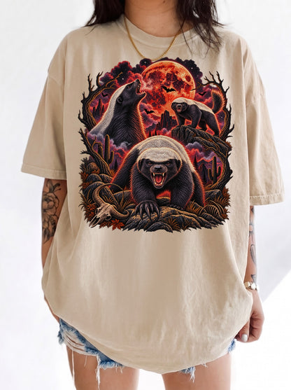 Blood Moon Honey Badger Trio Halloween T-Shirt, Y2K Retro Animal Graphic Tee, 90s Spooky Streetwear, To The Moon