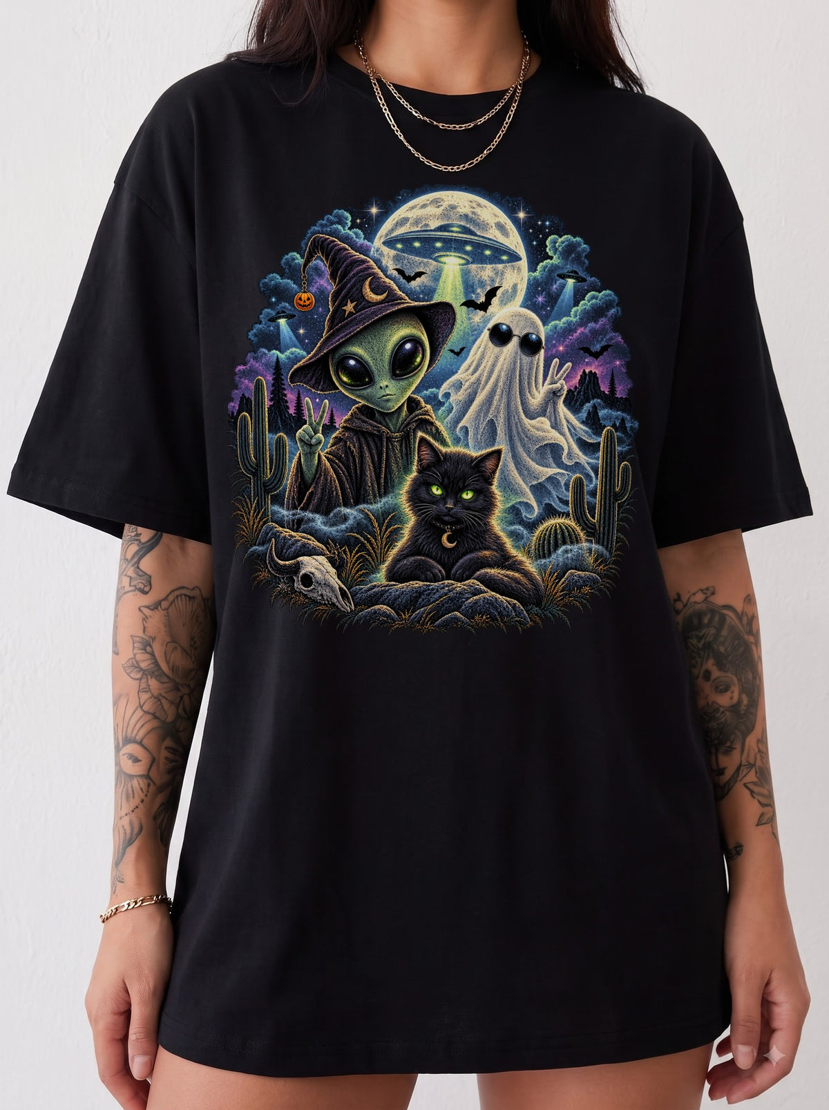 Cosmic Halloween Nightscape T-Shirt, Y2K Retro Graphic Tee, 90s Spooky Aesthetic, To The Moon