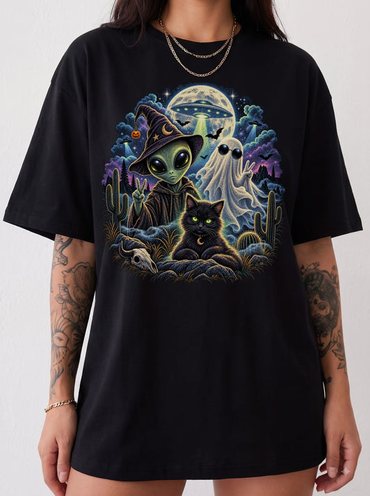 Cosmic Halloween Nightscape T-Shirt, Y2K Retro Graphic Tee, 90s Spooky Aesthetic, To The Moon