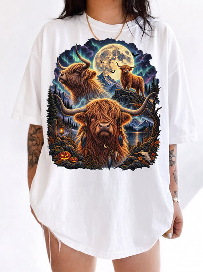 Mystical Highland Cattle Moon Halloween T-Shirt, Y2K Retro Animal Graphic Tee, 90s Gothic Streetwear, To The Moon