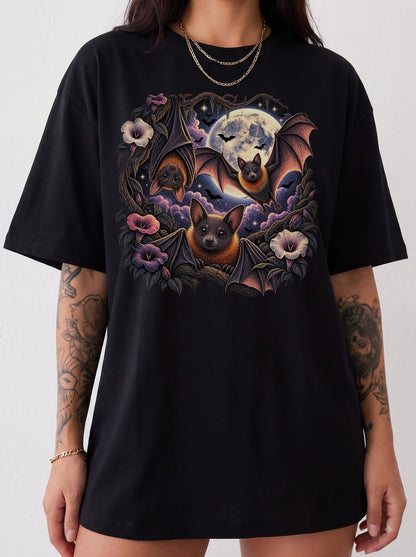 Moonlit Bats Twisted Blooms Halloween T-Shirt, Y2K Gothic Graphic Tee, 90s Retro Streetwear, To The Moon