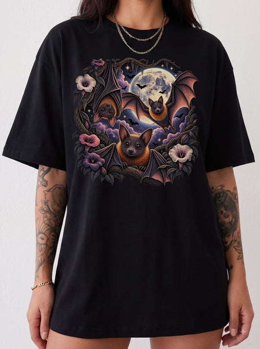 Moonlit Bats Twisted Blooms Halloween T-Shirt, Y2K Gothic Graphic Tee, 90s Retro Streetwear, To The Moon
