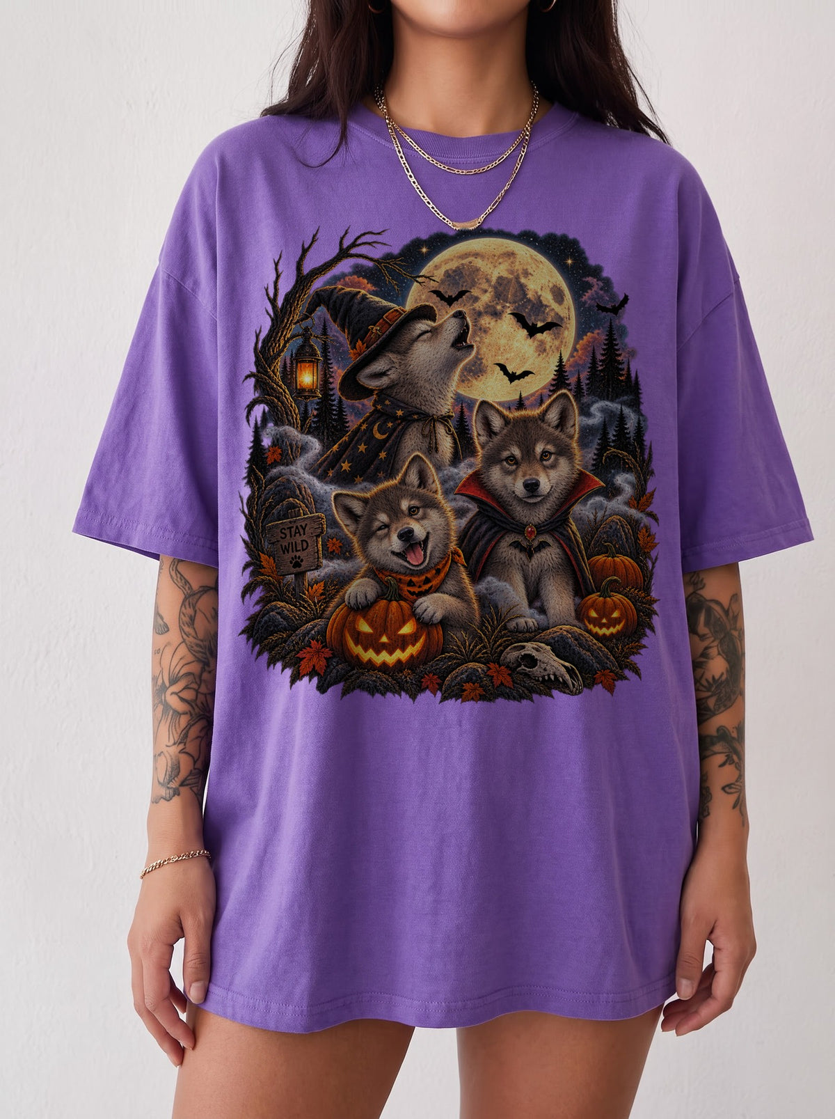 Moonlit Halloween Wolf Pup Trio T-Shirt, Y2K Retro Animal Graphic Tee, 90s Spooky Streetwear, To The Moon
