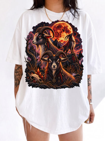 Occult Goats Blood Moon Halloween T-Shirt, Y2K Gothic Graphic Tee, 90s Retro Occult Streetwear, To The Moon