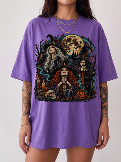 Three Witches Under the Moon Halloween T-Shirt, Three Wolf Moon Parody, Y2K Retro Witchy Outfit, Trendy Streetwear Graphic Tee