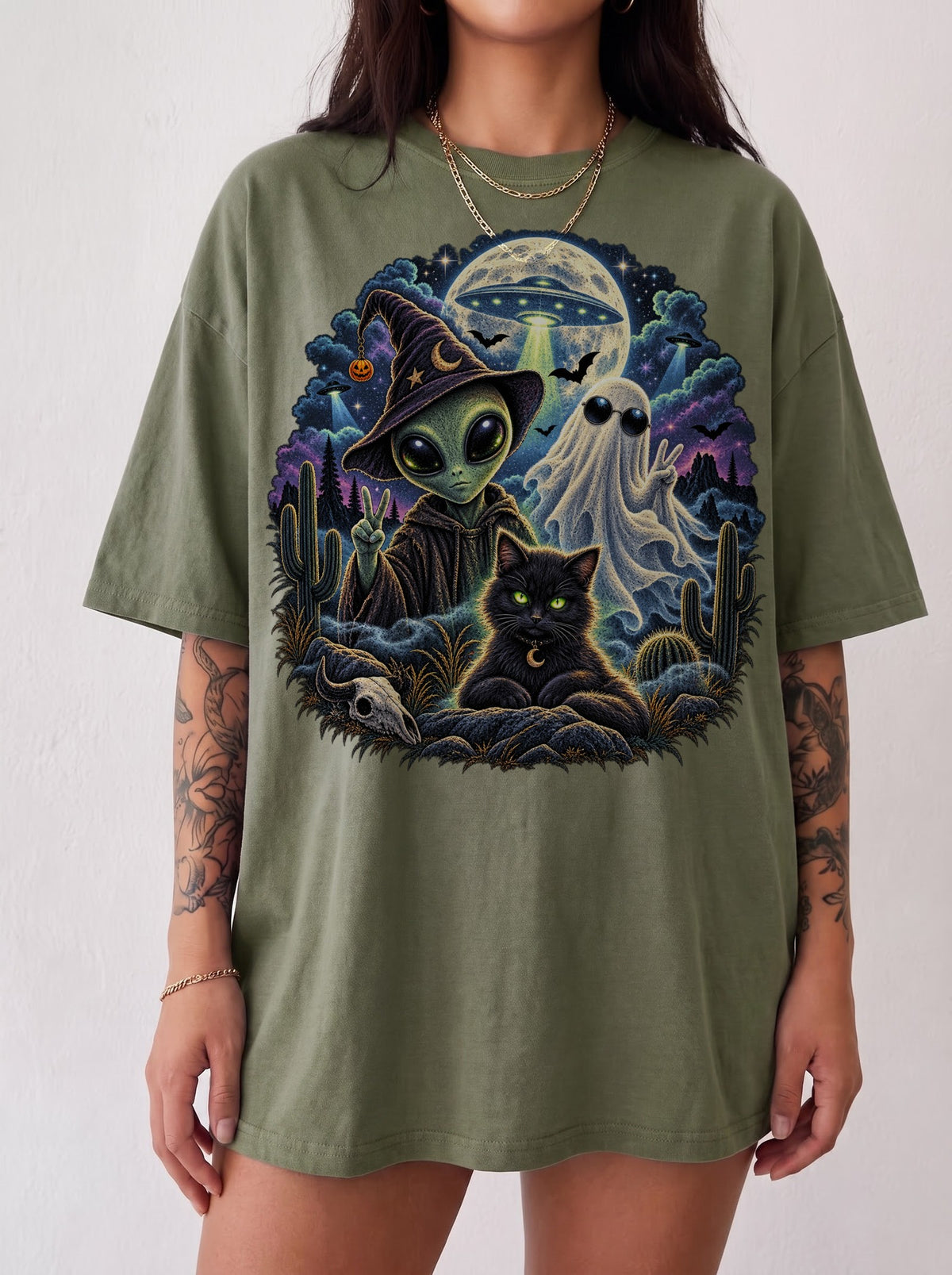 Cosmic Halloween Nightscape T-Shirt, Y2K Retro Graphic Tee, 90s Spooky Aesthetic, To The Moon