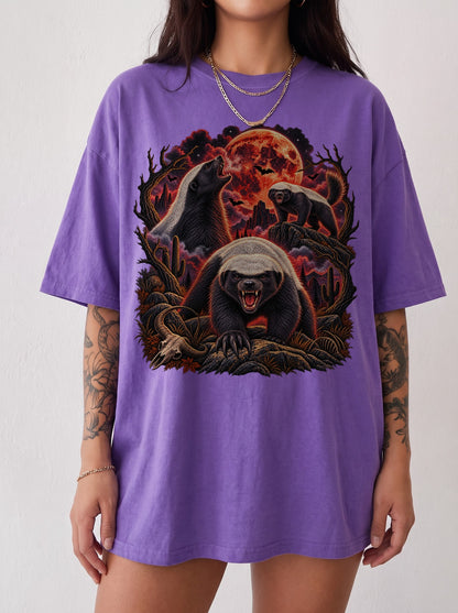 Blood Moon Honey Badger Trio Halloween T-Shirt, Y2K Retro Animal Graphic Tee, 90s Spooky Streetwear, To The Moon