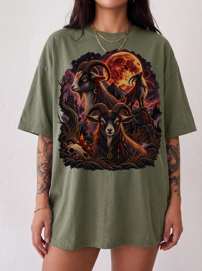 Occult Goats Blood Moon Halloween T-Shirt, Y2K Gothic Graphic Tee, 90s Retro Occult Streetwear, To The Moon